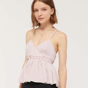 UO Purple Gingham Gracey Plunging Peplum Wrap Top